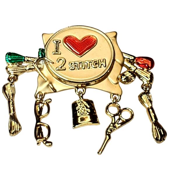 Danecraft I Love 2 Stitch Brooch Enamel Heart Dangle Charm Gold Tone 3" - Picture 1 of 4